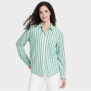 Universal Thread Coastal Striped Linen Button Down Top in light green and white